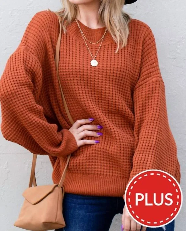 Cozy And Soft Waffle Basic Pullover Sweater In Rust