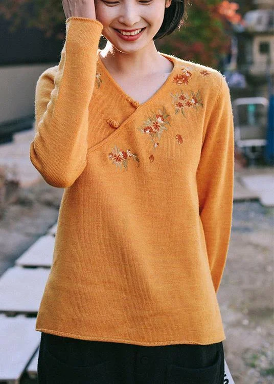 Women Spring Yellow Embroidery Knitwear V Neck Knit Top