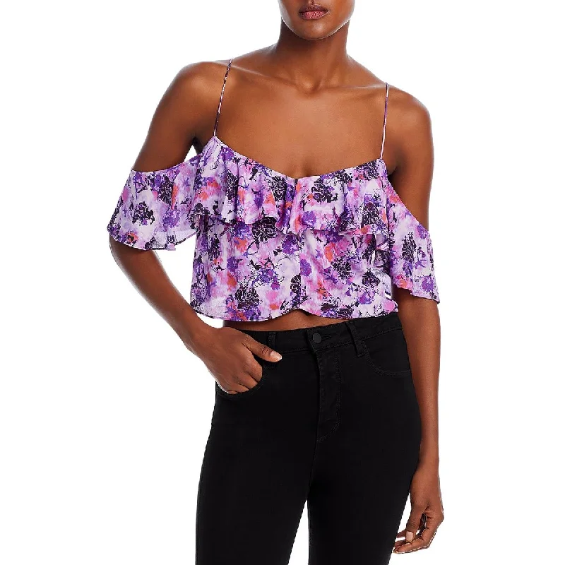 Womens Floral Print Cold Shoulder Cropped