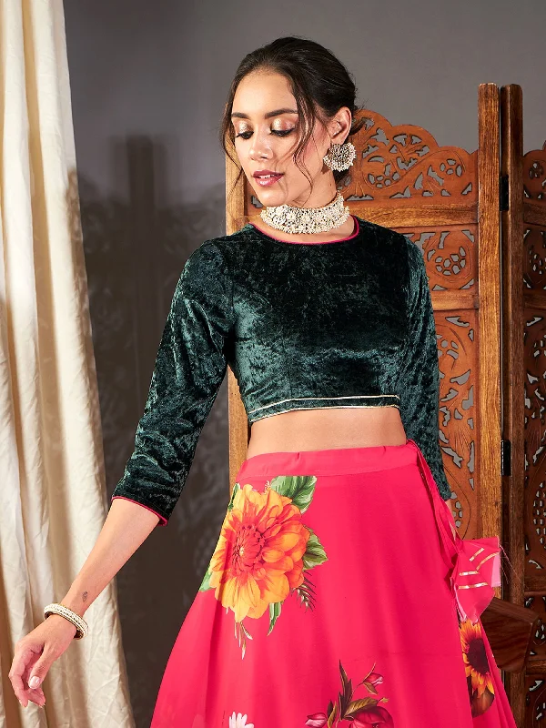 Women Emerald Green Velvet Crop Top