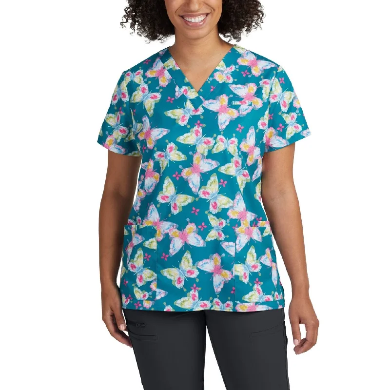 618PABU - PAINTED BUTTERFLIES  PRINTED V-NECK SCRUB TOP